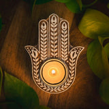 Hamsa Teelichthalter Holz | Hand der Fatima Blockdruck