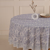 Runde Tischdecke Blockdruck Blume Weiß Blau