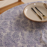 Runde Tischdecke Blockdruck Blume Weiß Blau