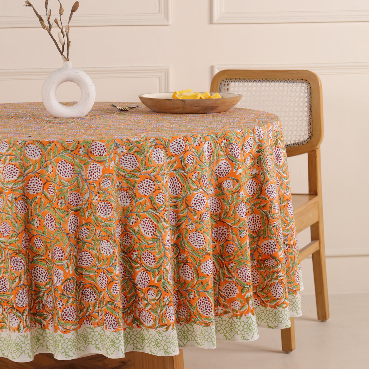 Runde Tischdecke Blockdruck Ranke Orange