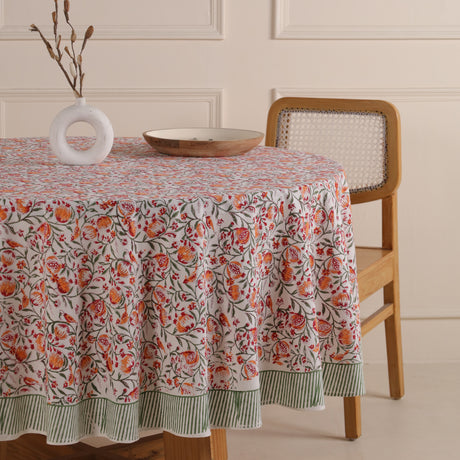 Runde Tischdecke Blockdruck Ranke Orange Grün
