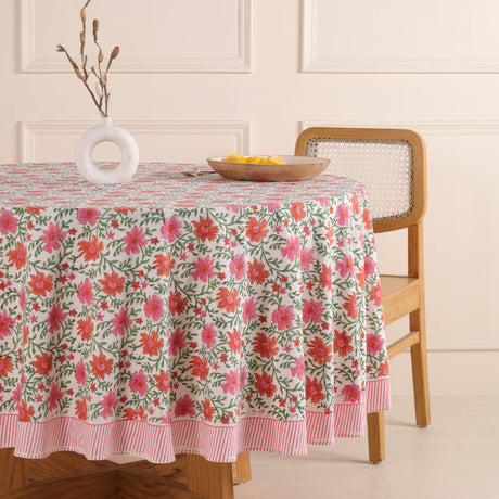 Runde Tischdecke Blockdruck Ranke Rosa Rot Grün