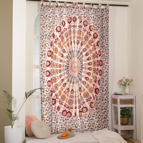 Vorhang Pfauenfeder Mandala in Weiß, Gelb und Braun - Indische Gardine mit floralem Muster