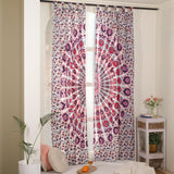 Vorhang Pfauenfeder Mandala in Weiß, Rosa und Lila, indischer Vorhang mit Schlaufen