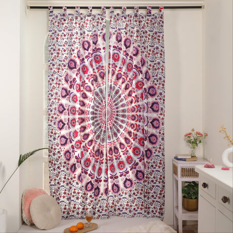 Vorhang Pfauenfeder Mandala in Weiß, Rosa und Lila, indischer Vorhang mit Schlaufen