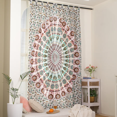 Vorhang mit Pfau Mandala in weiß, türkis und rosa - Indische Gardinen mit Blumen Muster