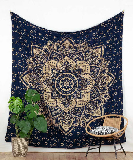 Wandtuch Lotusblüte blau gold - groß ca. 230x210 cm