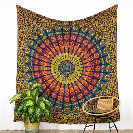 Wandtuch Pfauenfeder Mandala blau gelb