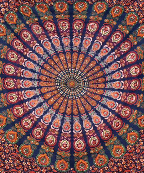 Wandtuch Pfauenfeder Mandala blau grün orange - Mitte