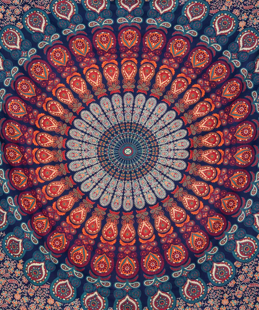 Wandtuch Pfauenfeder Mandala blau orange türkis - Mitte