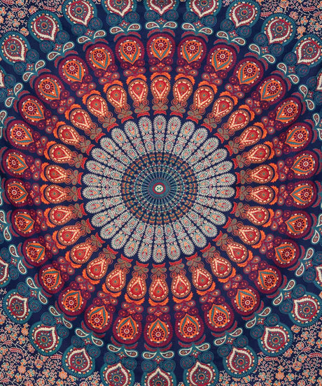 Wandtuch Pfauenfeder Mandala blau orange türkis - Mitte