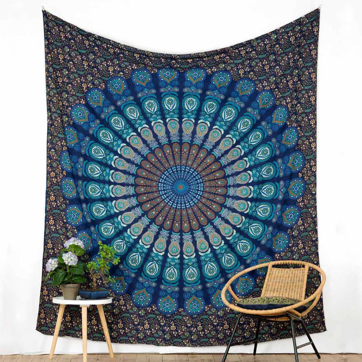 Wandtuch Pfauenfeder Mandala blau türkis