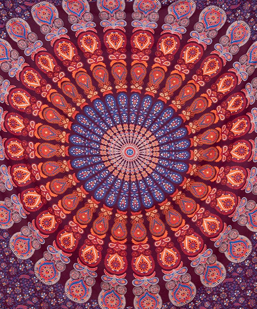 Wandtuch Pfauenfeder Mandala dunkelrot blau orange - Mitte