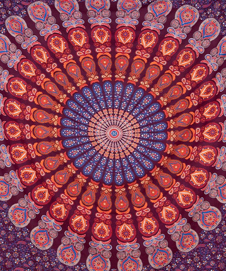 Wandtuch Pfauenfeder Mandala dunkelrot blau orange - Mitte