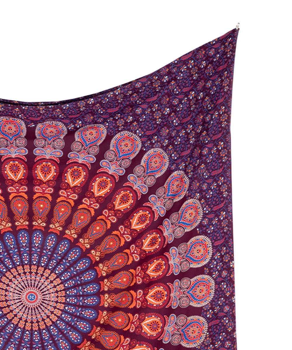 Wandtuch Pfauenfeder Mandala dunkelrot blau orange - Muster