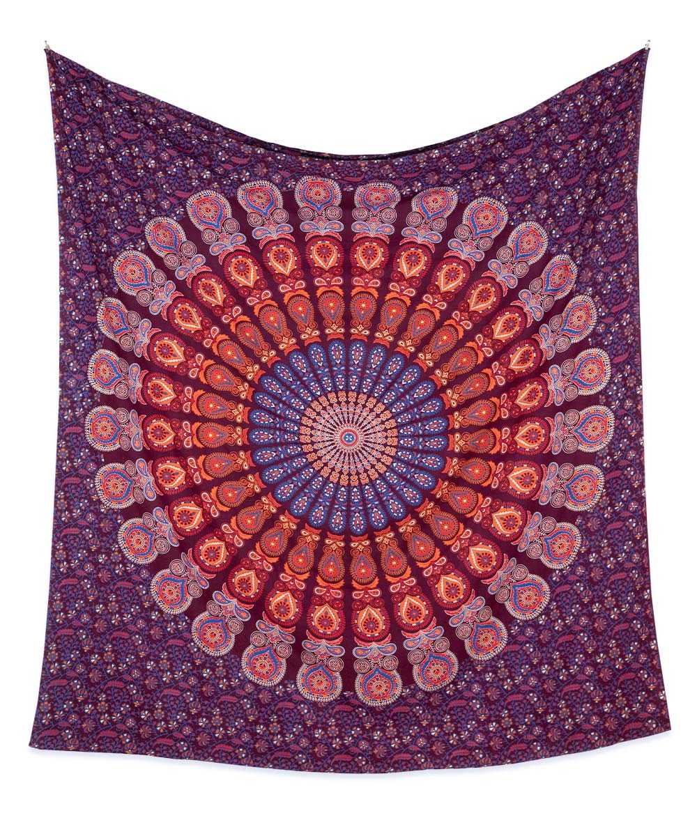 Wandtuch Pfauenfeder Mandala dunkelrot blau orange - frei