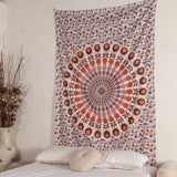 Wandtuch Pfauenfeder Mandala weiß orange, indischer Wandbehang mit floralem Muster