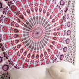 Wandtuch Pfauenfeder Mandala weiß rosa - Indischer Wandbehang mit floralem Muster