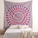 Wandtuch Pfauenfeder Mandala weiß rosa - Indischer Wandbehang mit floralem Muster