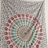 Wandtuch Pfauenfeder Mandala weiß rosa türkis 140x220 cm 100% Baumwolle Karmandala