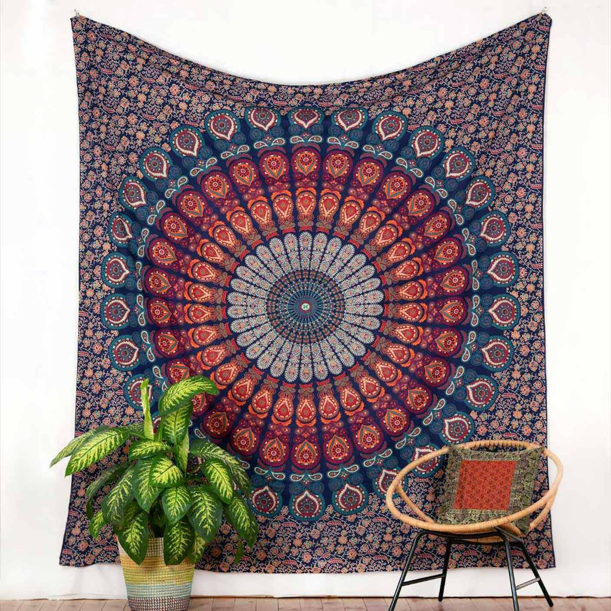 Mandala Wandtuch Pfauenfeder blau orange türkis - ca. 230x210 cm