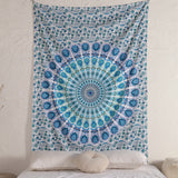 Wandtuch Pfauenfeder Mandala weiß blau, indischer Wandbehang mit floralem Muster