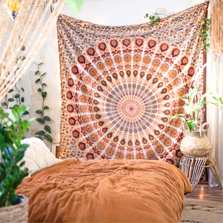Wandtuch Pfauenfeder Mandala weiß orange