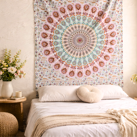Wandtuch Pfauenfeder Mandala weiß rosa türkis
