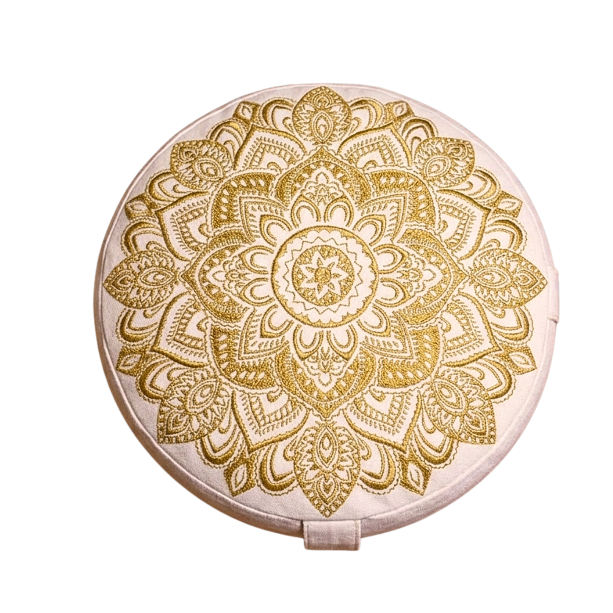 Rundes Yogakissen mit gestickter Lotusblüte aus Baumwolle, mit Buchweizenfüllung
