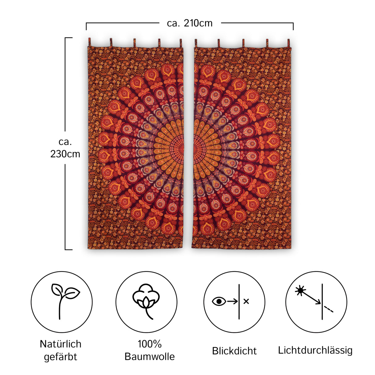 Vorhang Pfauenfeder Mandala rot orange gelb