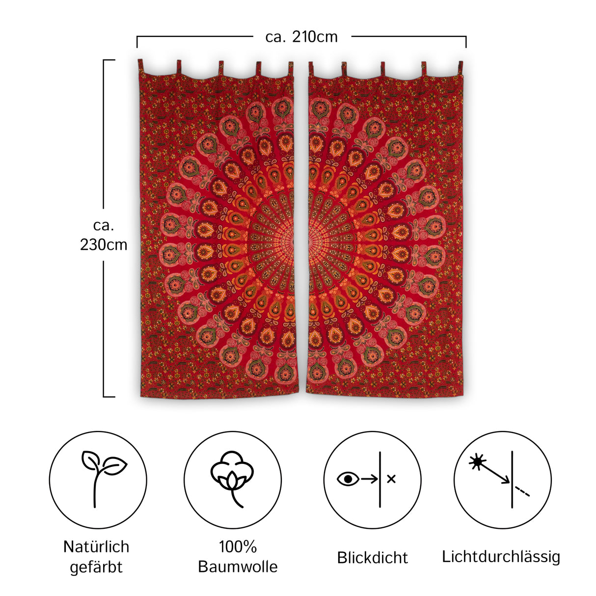 Vorhang Pfauenfeder Mandala rot weiß