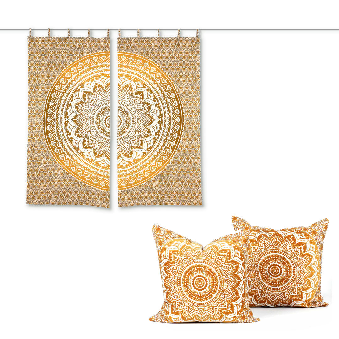 Produkt-Set Vorhang und Kissen Ombre Mandala ocker braun