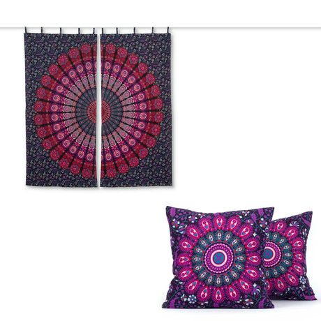 Produkt-Set Vorhang und Kissen Pfauenfeder Mandala bordeaux rosa