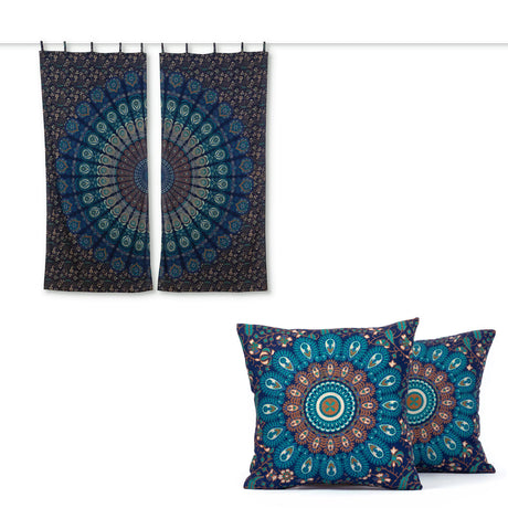 Produkt-Set Vorhang und Kissen Pfauenfeder Mandala blau türkis