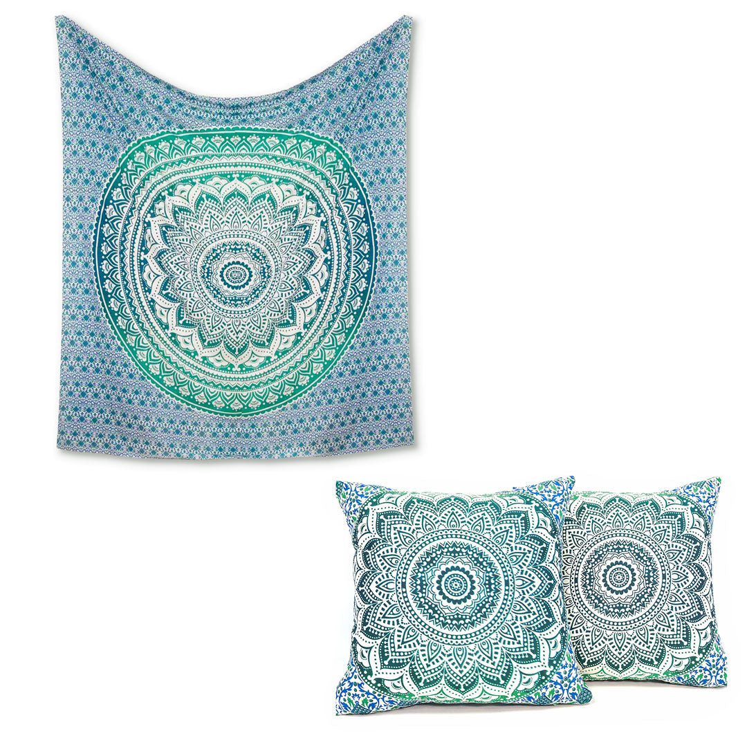 Produkt-Set Wandtuch und Kissen Ombre Mandala türkis