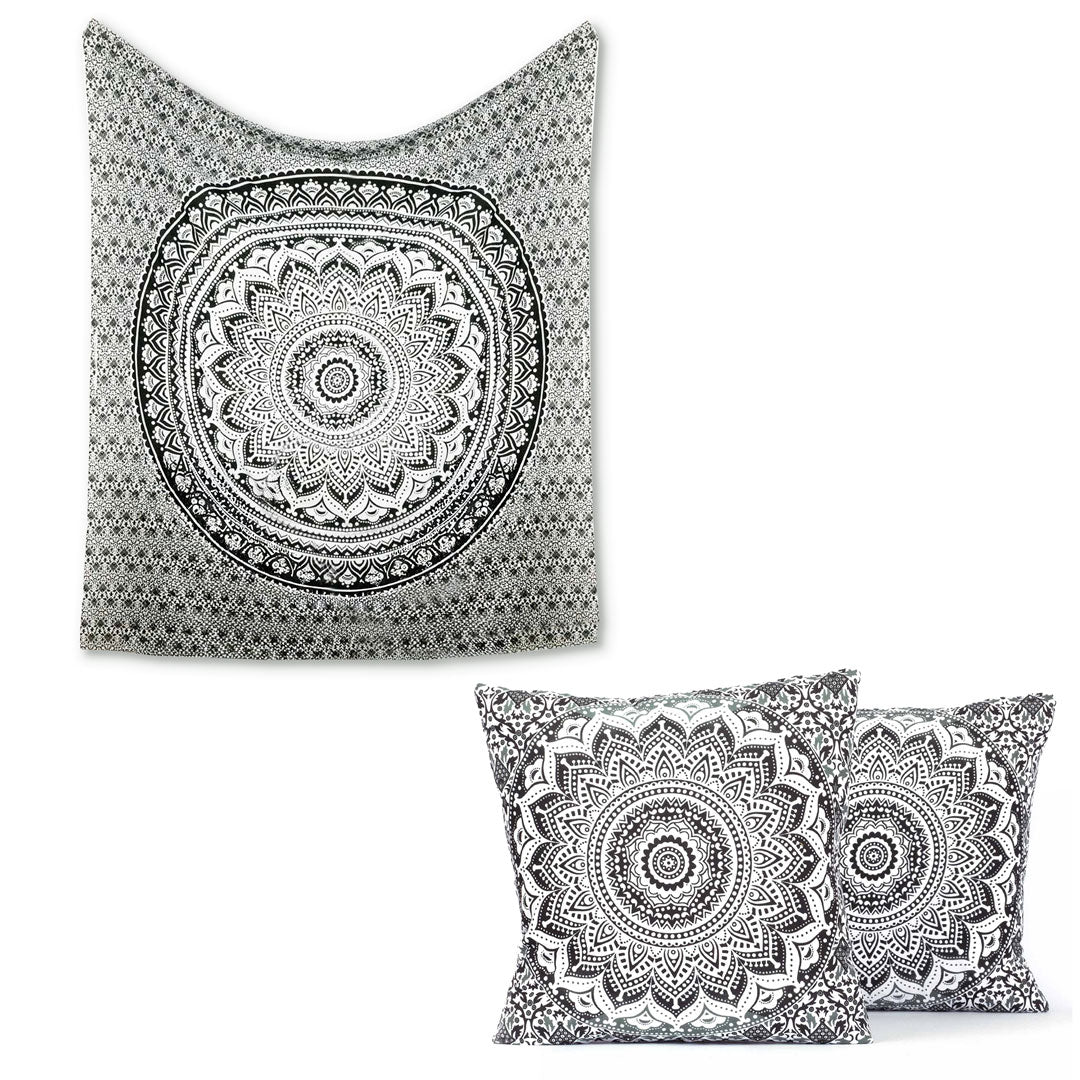 Produkt-Set Wandtuch und Kissen Ombre Mandala schwarz