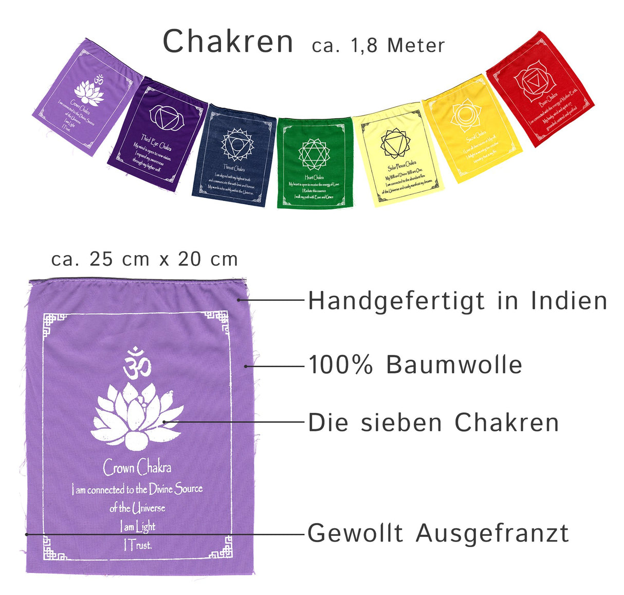 Chakra Fahnenkette aus sieben Wimpeln in den Farben der Chakren