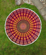 Rundes Mandala Tuch Pfauenfeder dunkelrot grün gelb