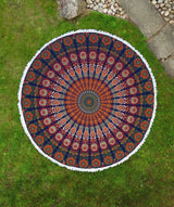 Rundes Mandala Tuch Pfauenfeder blau grün orange