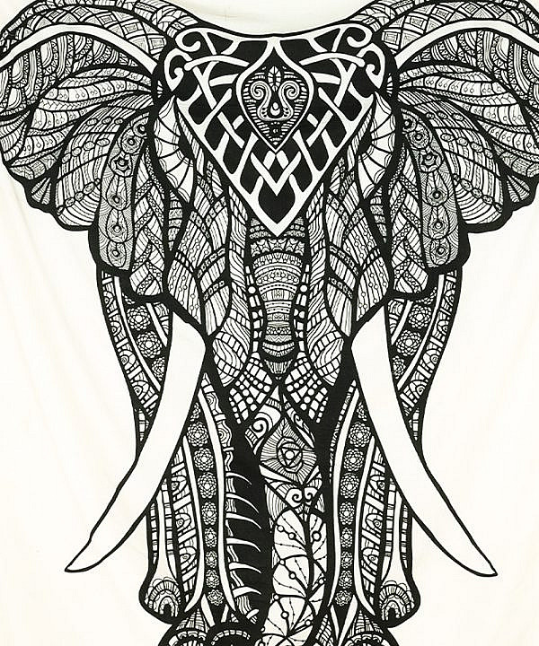 Großes Wandtuch mit Elefant in schwarz auf weiß
