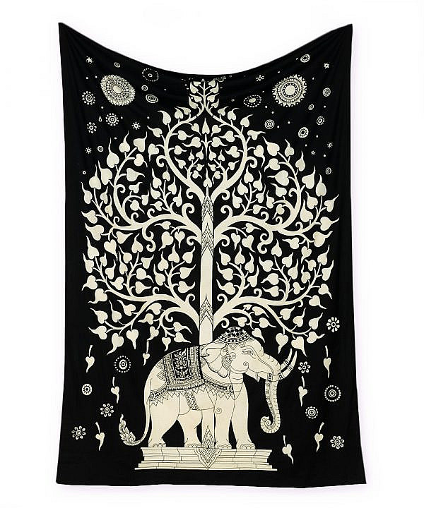 Wandtuch mit Elefant und Lebensbaum in schwarz weiß