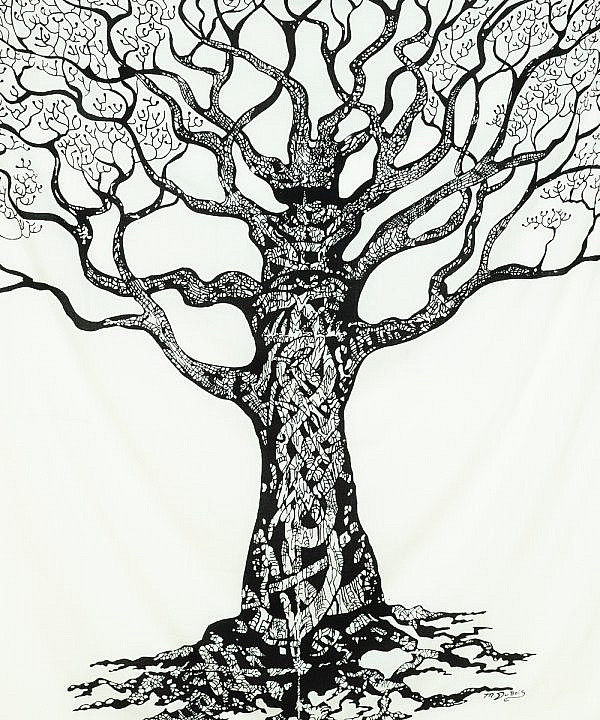 Wandtuch Weltenbaum in schwarz auf weiß