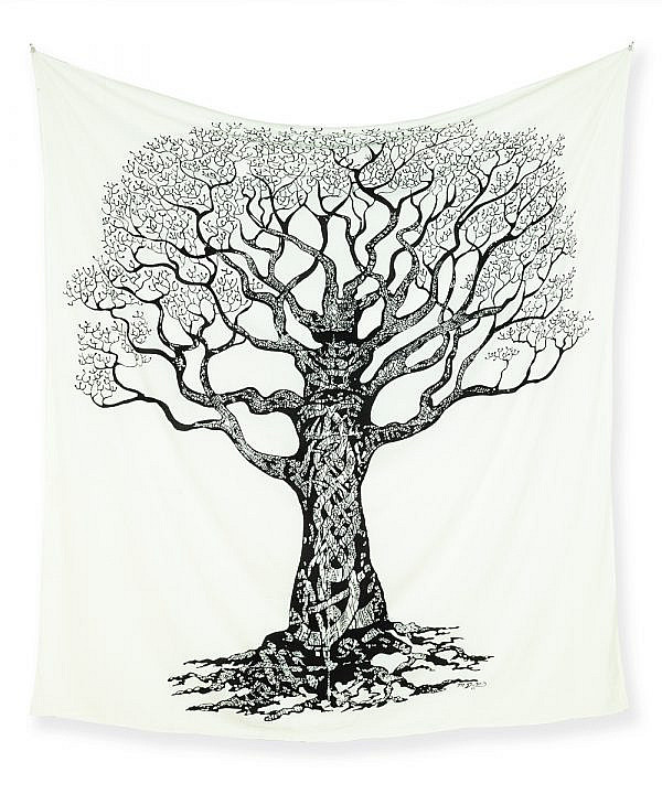 Großes Wandtuch Weltenbaum in schwarz auf weiß