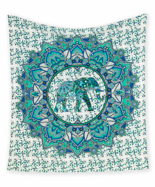 Großes Wandtuch mit Elefant in blau und türkis auf weiß