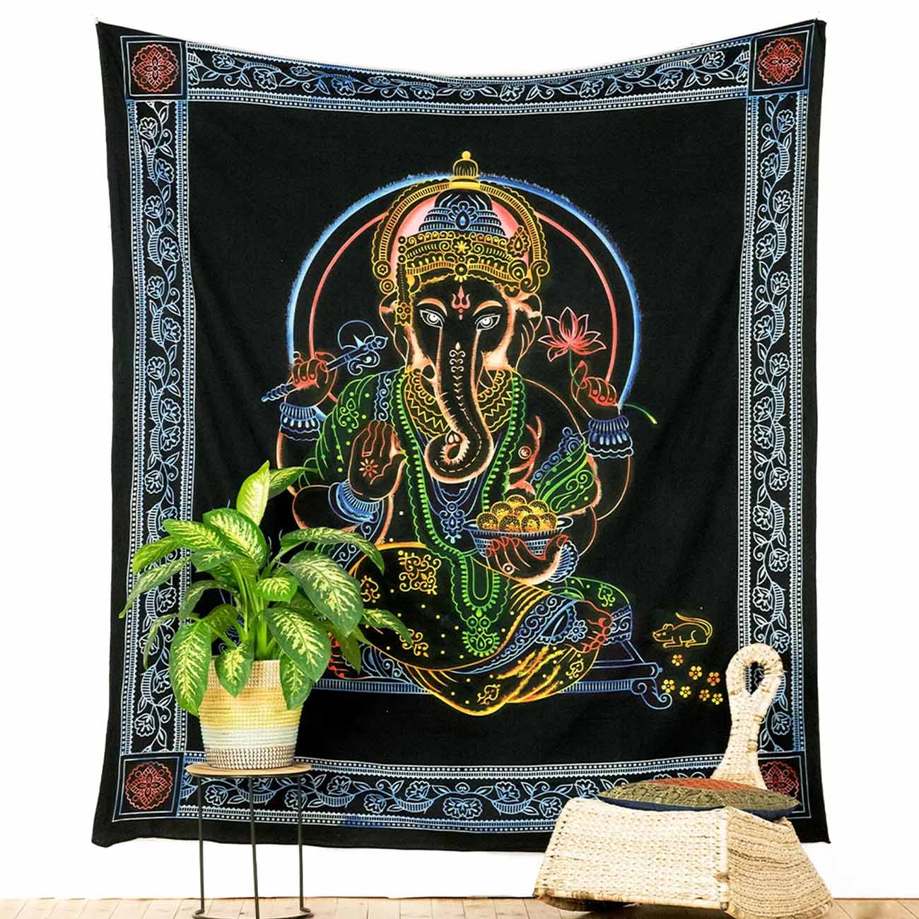 XL Benares Tuch Ganesha mit Mantra Halstuch Indien frische Farben A3