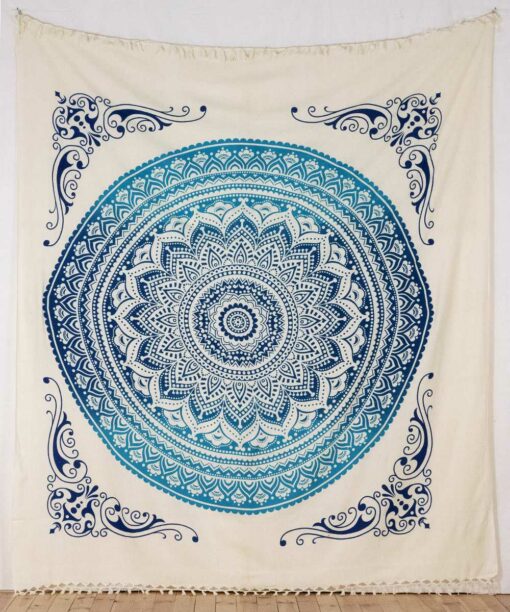 Indische Tagesdecke Ombre Mandala blau weiß - frei
