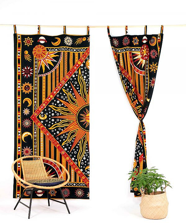 Indischer Vorhang Astro schwarz orange mit Schlaufen