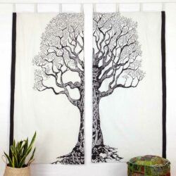 Indischer Vorhang Weltenbaum weiß schwarz Schlaufen