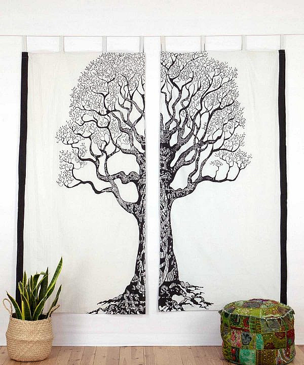 Indischer Vorhang Weltenbaum weiß schwarz Schlaufen
