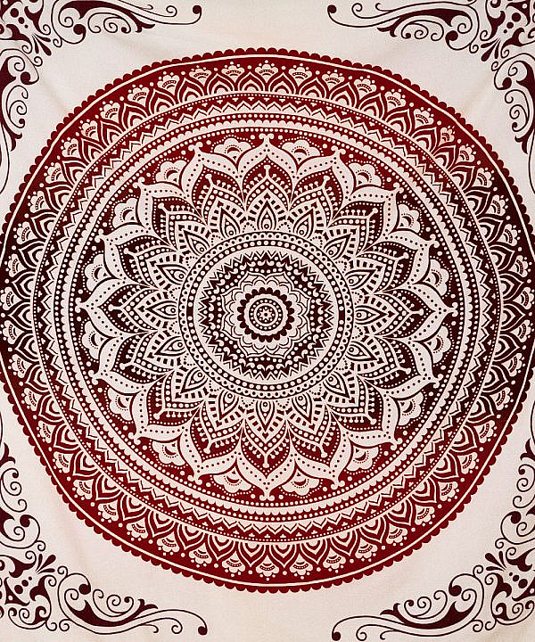Tagesdecke Ombre Mandala rot, indischer Bettüberwurf mit Fransen